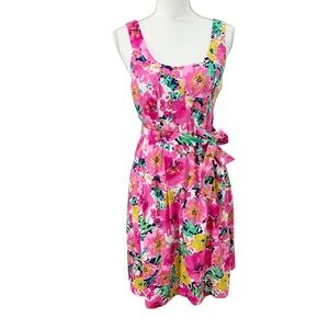 Ann Klein Bright Pink Floral Tie Belt Fit and Flare Dress Retro Style Sz 4